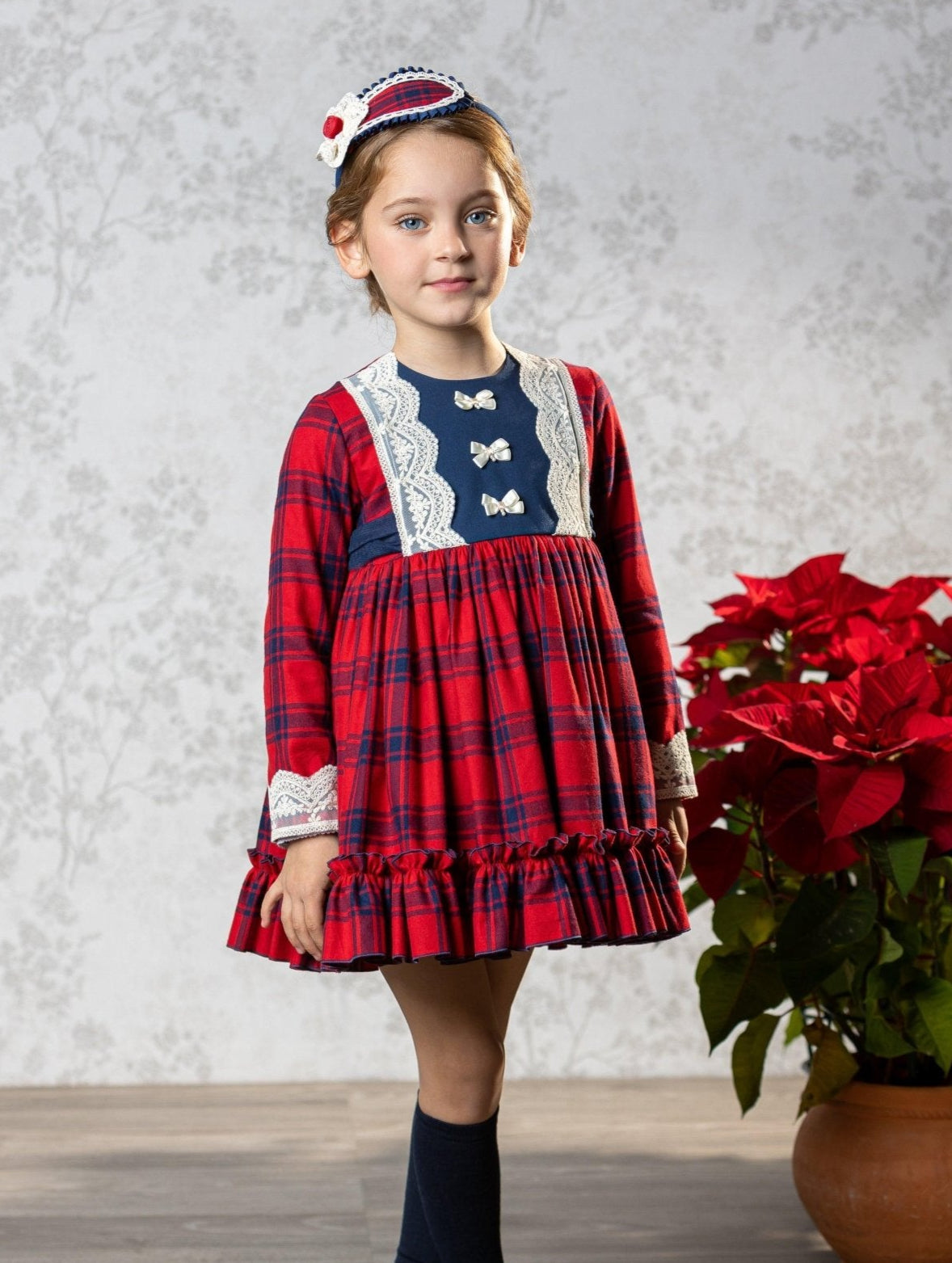 CLEARANCE SALE Abuela Tata - Girls Red & Navy Check Dress & Headpiece - Mariposa Children's Boutique