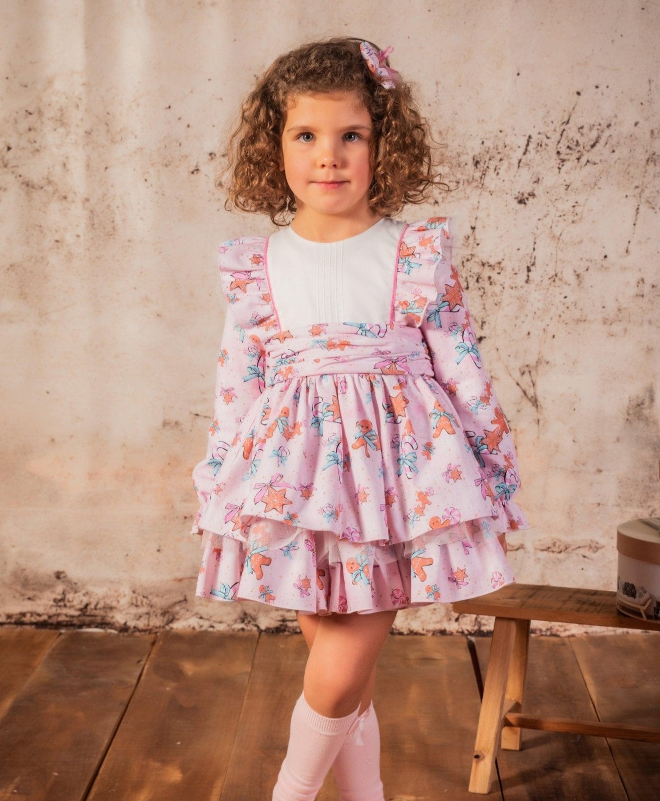 CLEARANCE SALE Babine - Girls Pink Print Gingerbread Dress & Headpiece - Mariposa Children's Boutique