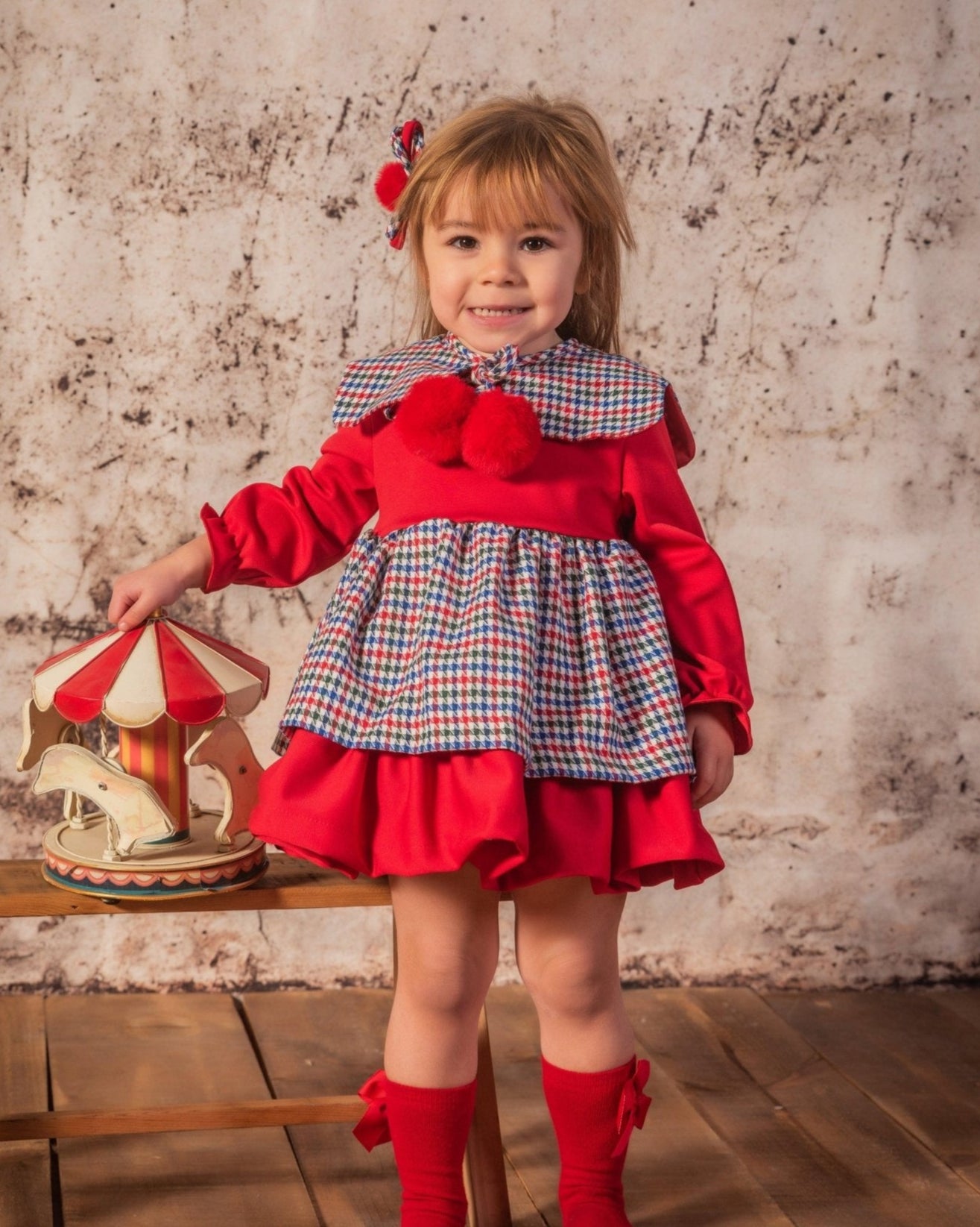 CLEARANCE SALE Babine - Girls Red & Navy Dogtooth Print Dress - Mariposa Children's Boutique