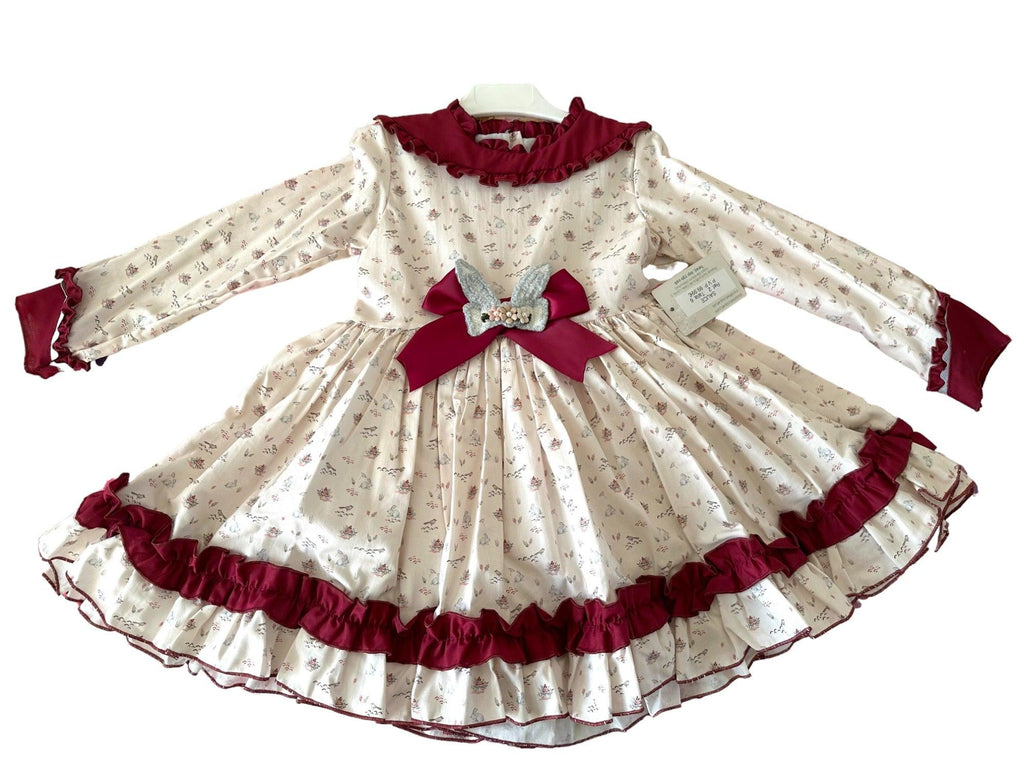 CLEARANCE SALE Belcoquet - Girls Cream & Burgundy Print Dress - Mariposa Children's Boutique
