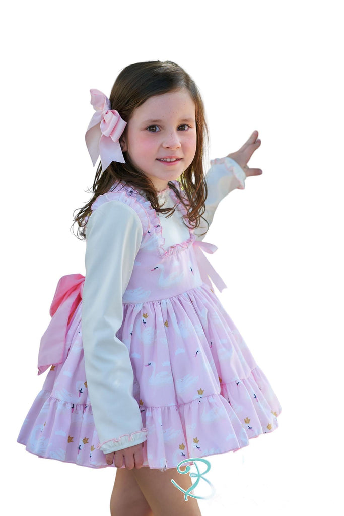 CLEARANCE SALE Belcoquet - Girls Pink & Cream Swan Print Dress - Mariposa Children's Boutique