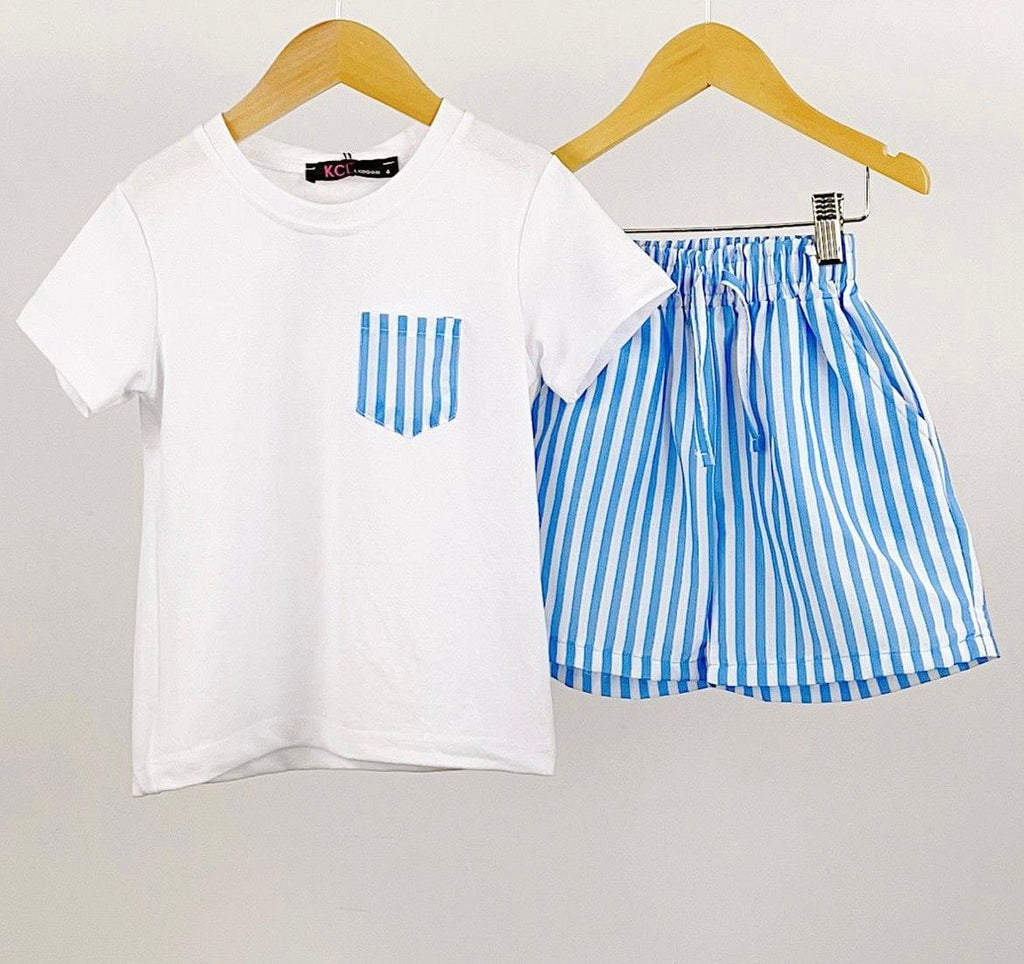 Boys White and Blue Stripe Shorts & T-Shirt Set - Mariposa Children's Boutique