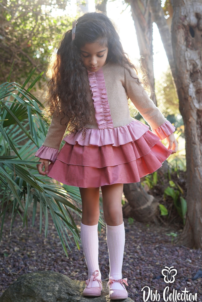 DBB Collection AW23 - Girls Beige and Pink Ruffle Dress - Mariposa Children's Boutique