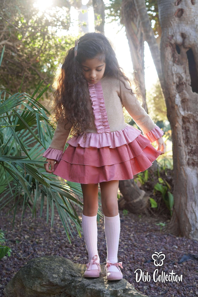 DBB Collection AW23 - Girls Beige and Pink Ruffle Dress - Mariposa Children's Boutique