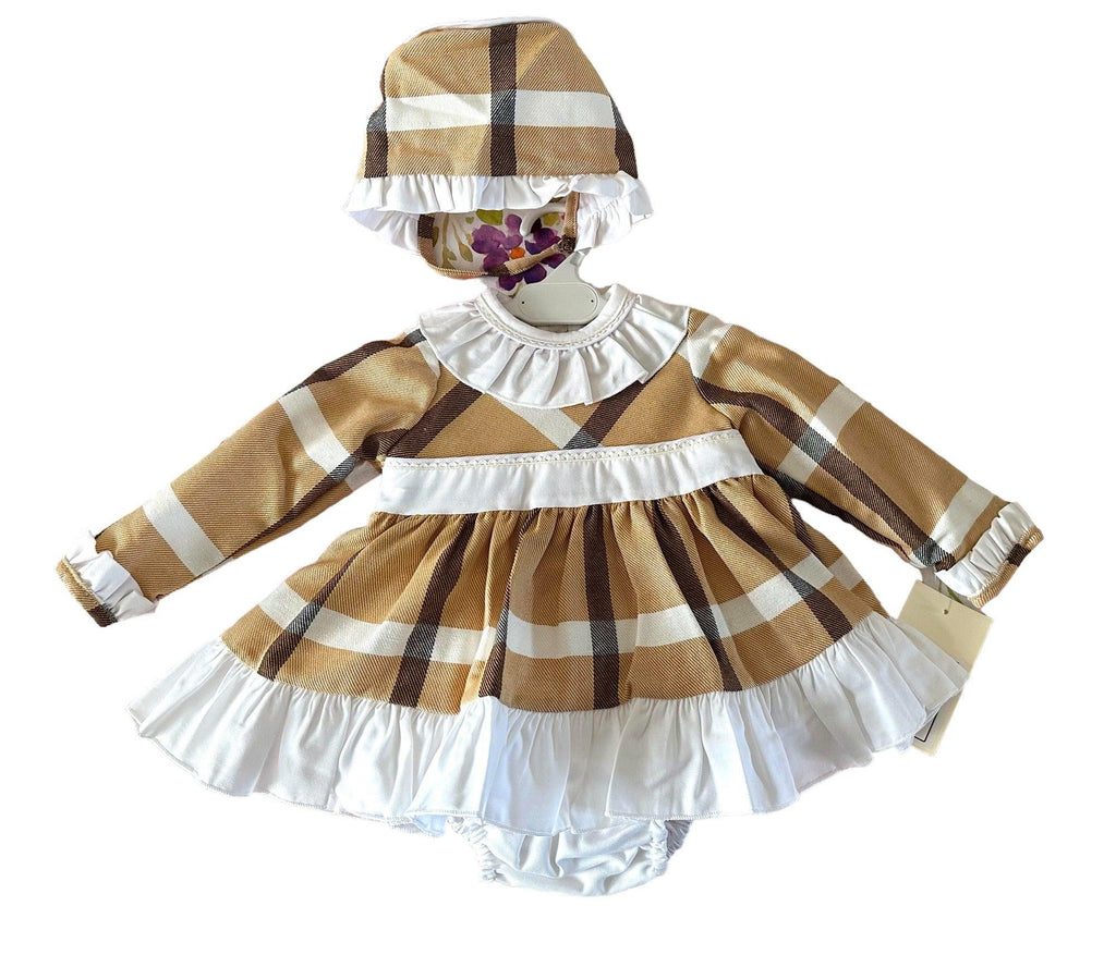 CLEARANCE SALE DBB Collection - Baby Girl's Mustard Check Dress, Knickers & Bonnet Set - Mariposa Children's Boutique