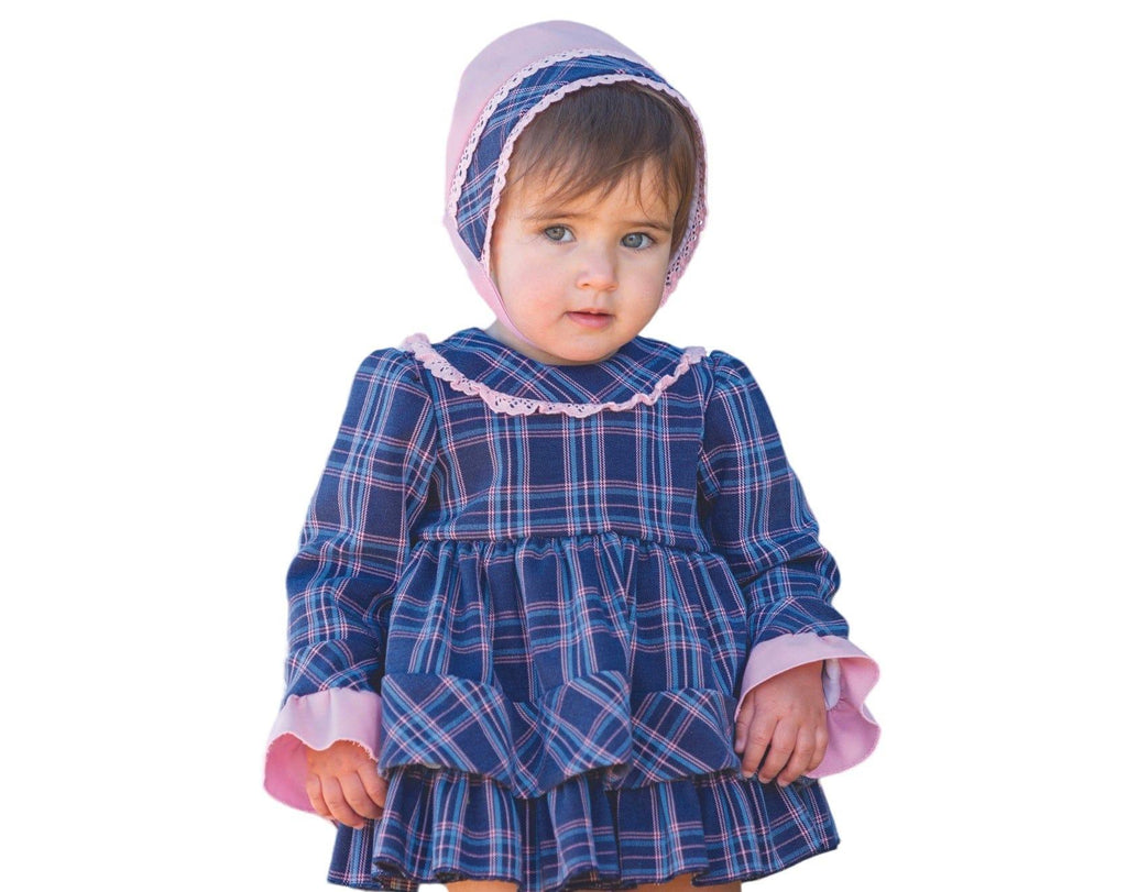 CLEARANCE SALE DBB Collection - Baby Girl's Navy & Pink Check Dress, Knickers & Bonnet Set - Mariposa Children's Boutique
