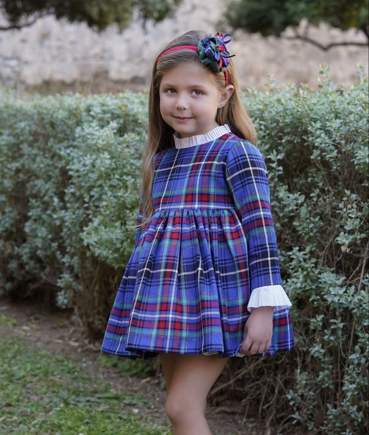 CLEARANCE SALE DBB Collection - Girls Blue, Green & Red Tartan Print Dress & Headpiece - Mariposa Children's Boutique