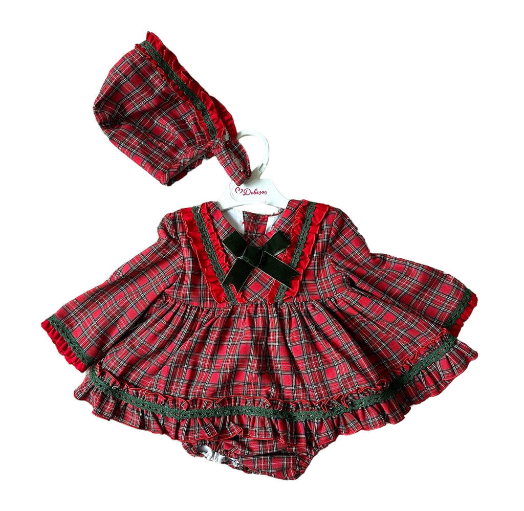 Debesos AW23 - Baby Girls Red Tartan Dress with Knickers & Bonnet - Mariposa Children's Boutique