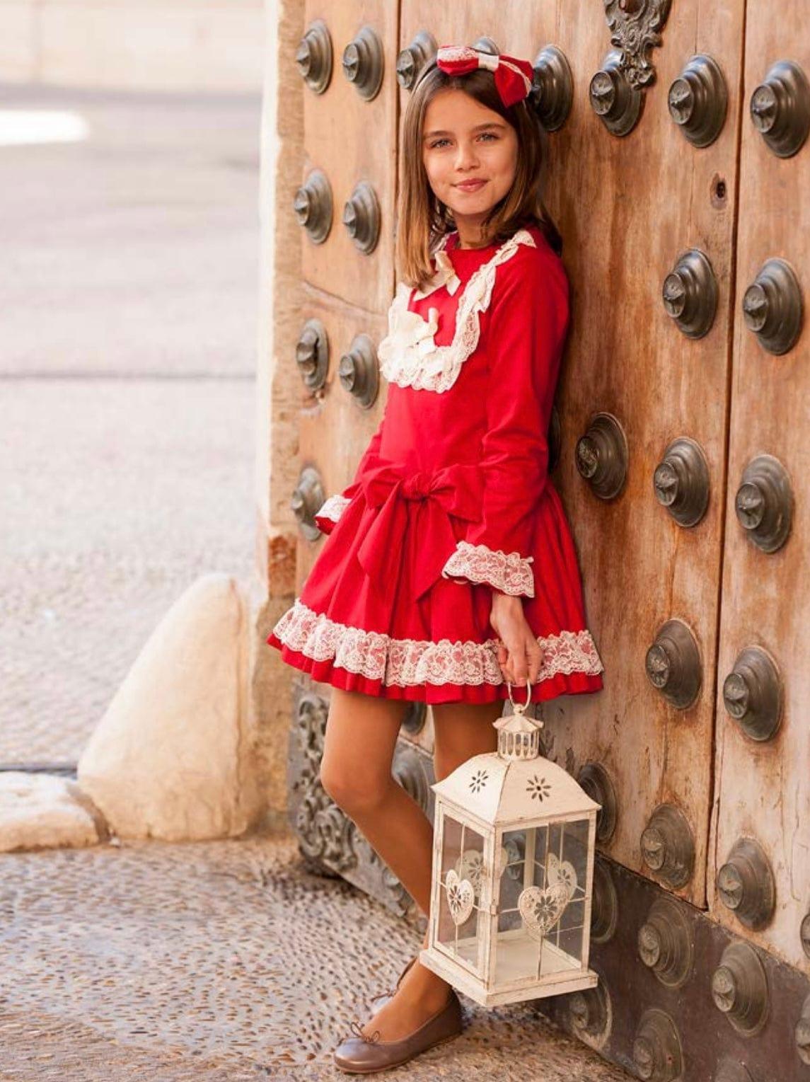 Debesos AW23 - Girls Red and Cream Drop Waist Dress - Mariposa Children's Boutique