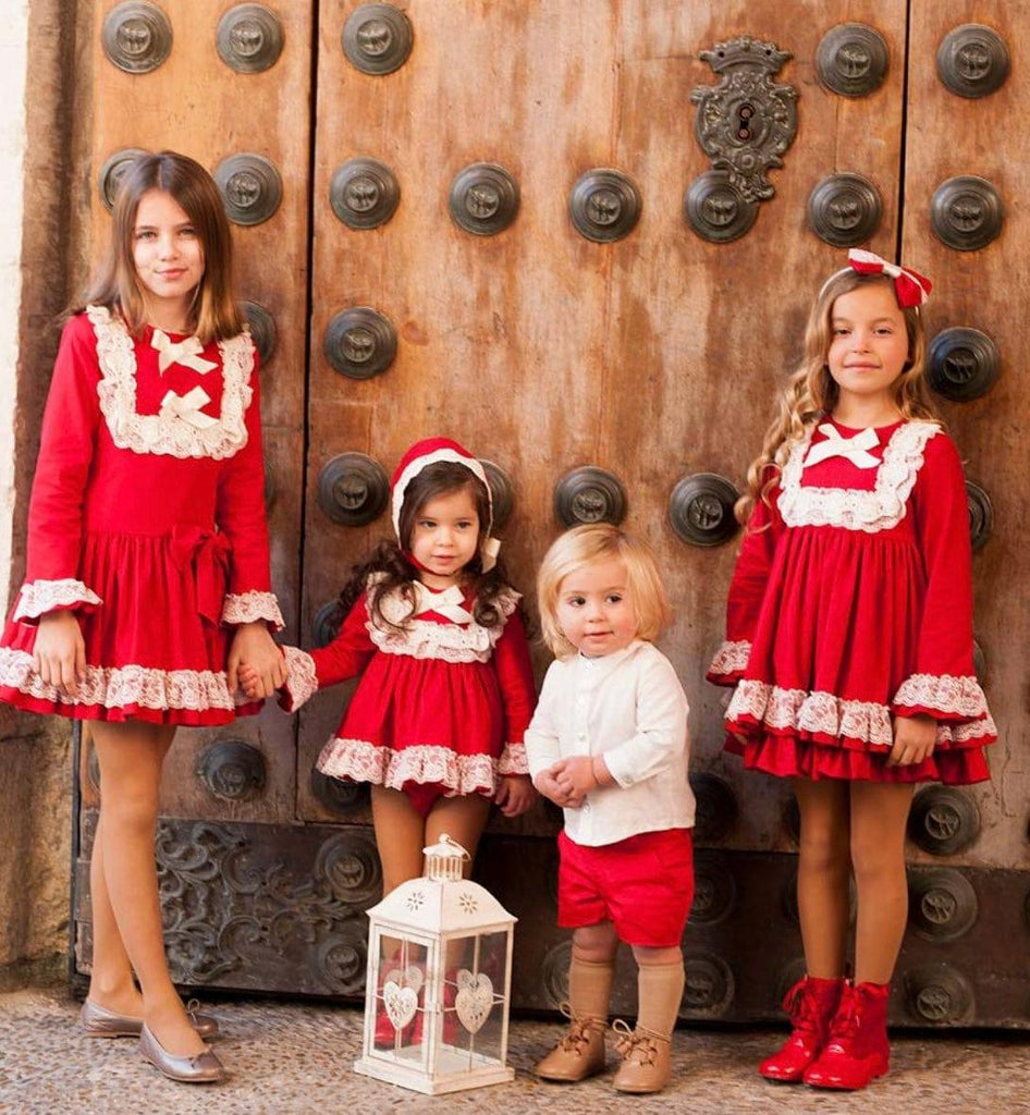 Debesos AW23 - Girls Red and Cream Drop Waist Dress - Mariposa Children's Boutique