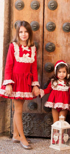 Debesos AW23 - Girls Red and Cream Drop Waist Dress - Mariposa Children's Boutique