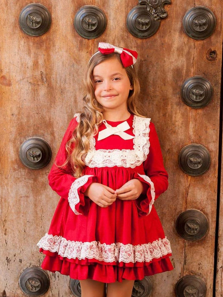 Debesos AW23 - Girls Red Lace Design Dress - Mariposa Children's Boutique