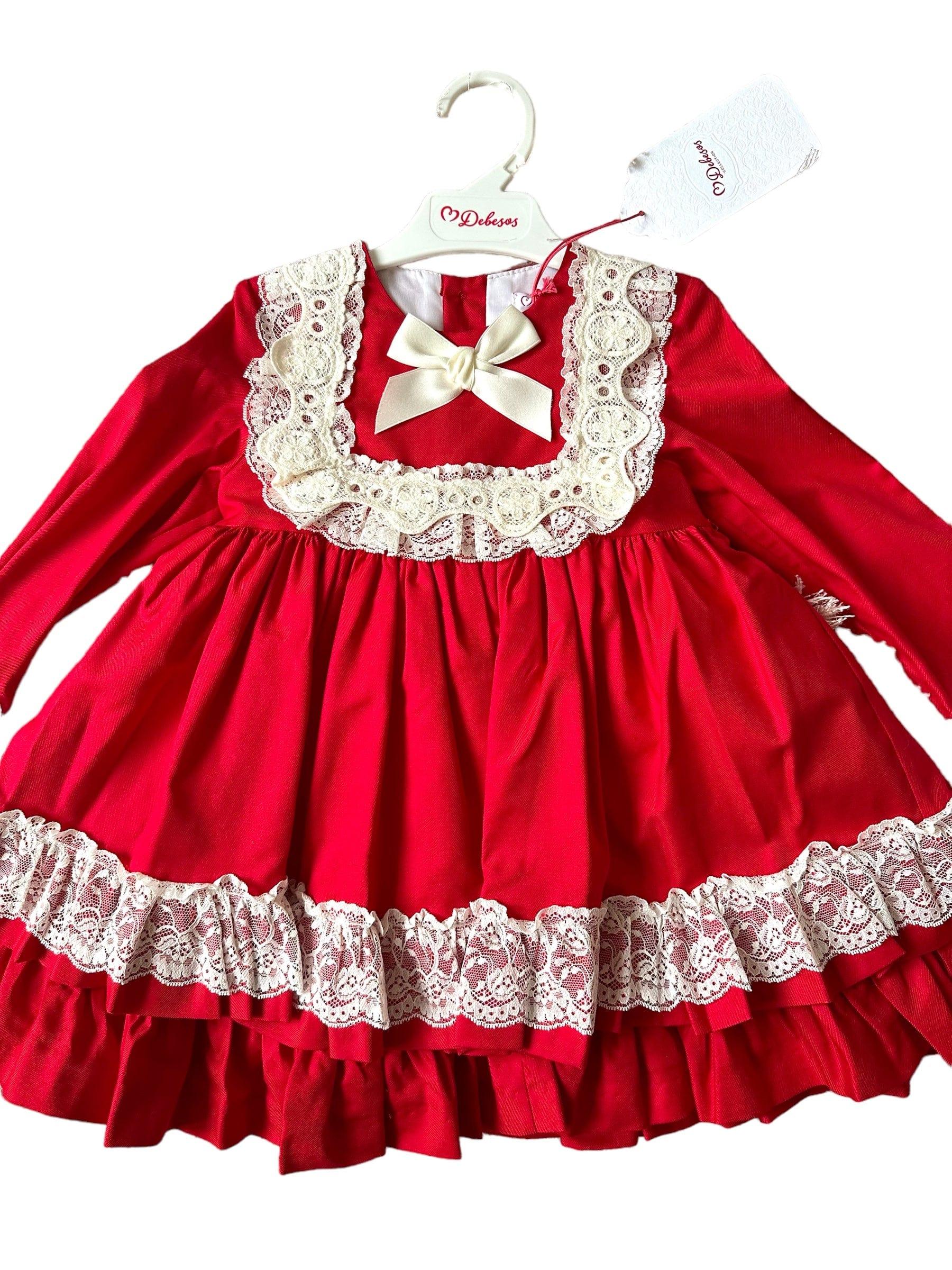 Debesos AW23 - Girls Red Lace Design Dress - Mariposa Children's Boutique