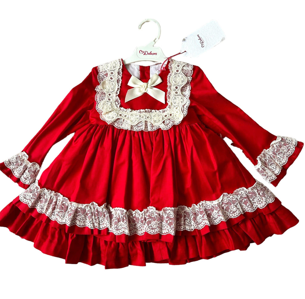 Debesos AW23 - Girls Red Lace Design Dress - Mariposa Children's Boutique