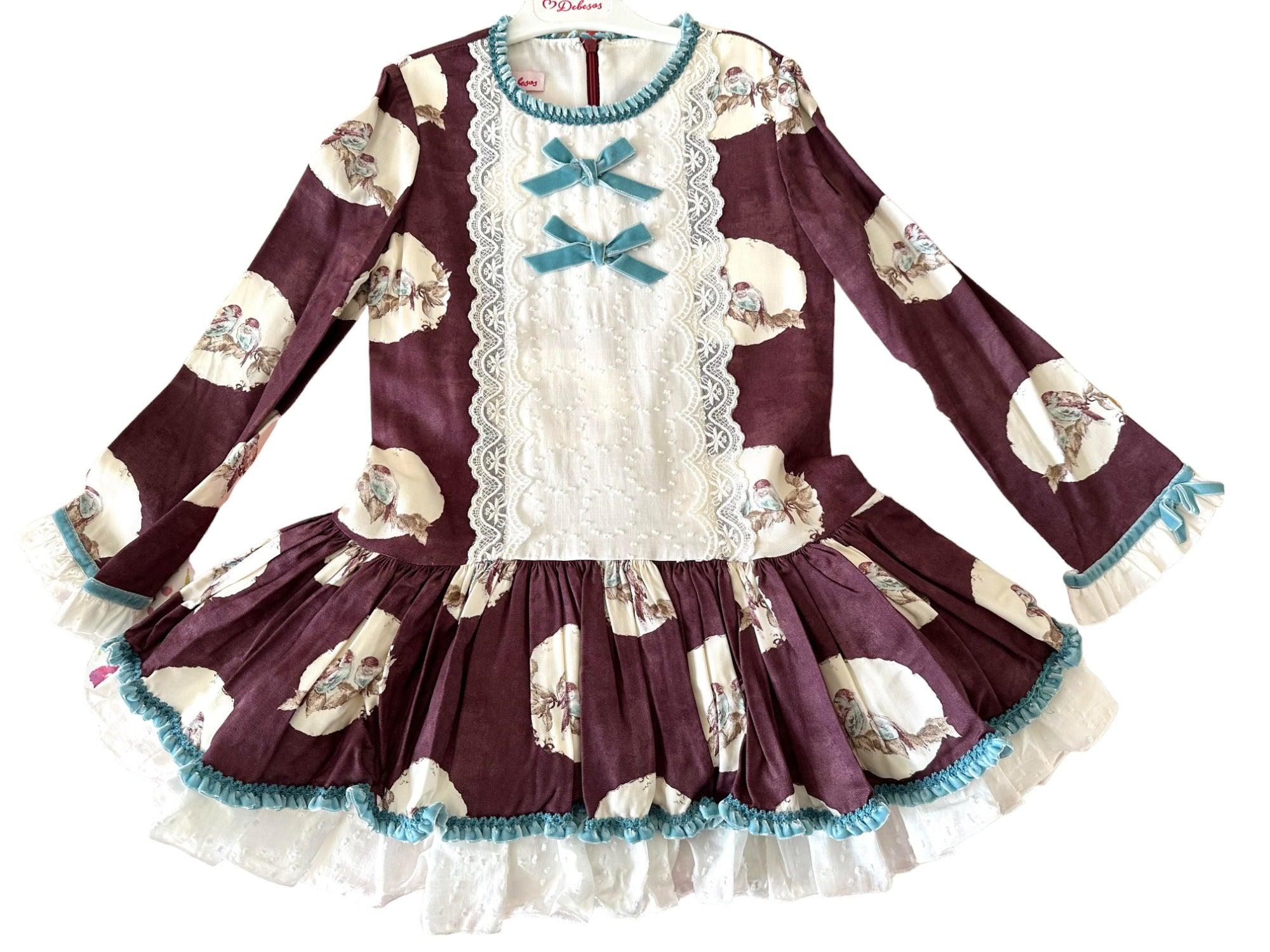 CLEARANCE SALE Debesos - Girls Purple, Cream and Blue Drop Waist Dress 8yrs - Mariposa Children's Boutique