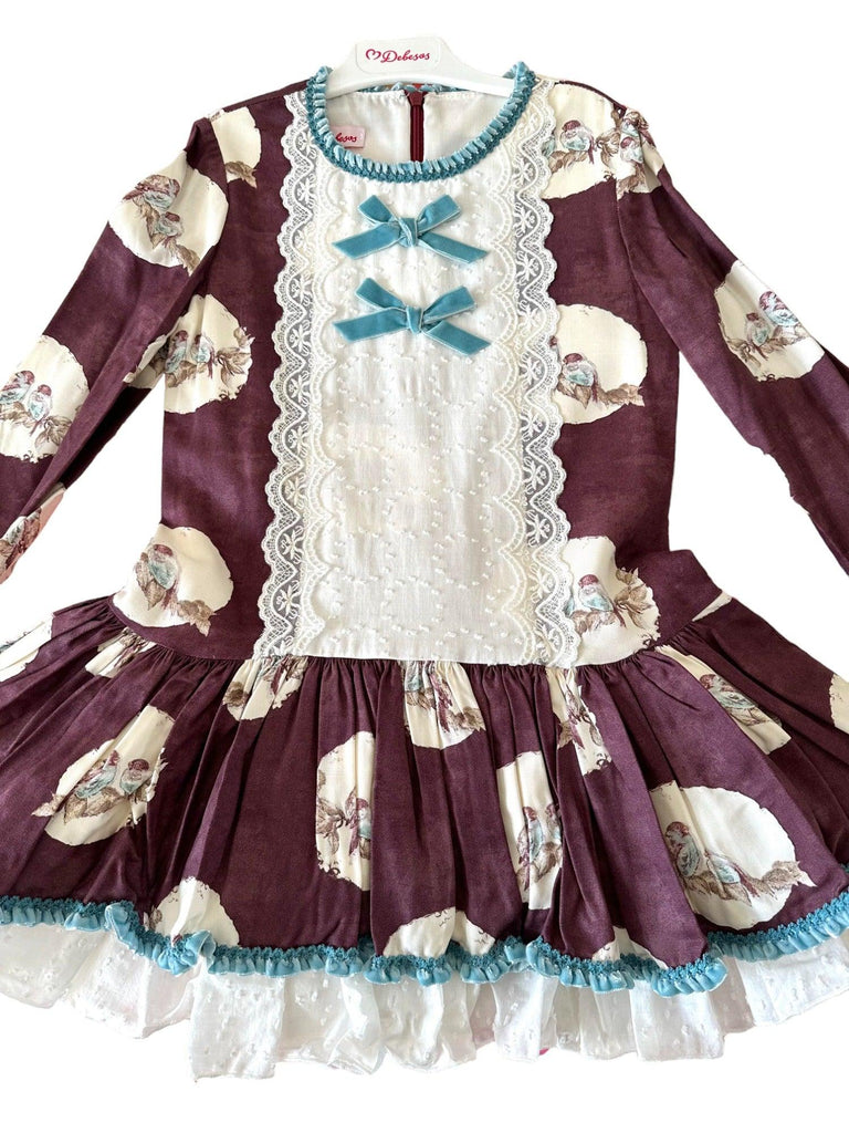 CLEARANCE SALE Debesos - Girls Purple, Cream and Blue Drop Waist Dress 8yrs - Mariposa Children's Boutique