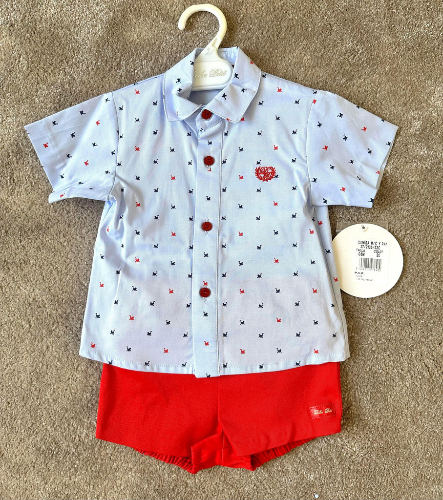 Dolce Petit - Baby Boys Red Shorts with Matching Blue Print Shirt 6m - Mariposa Children's Boutique