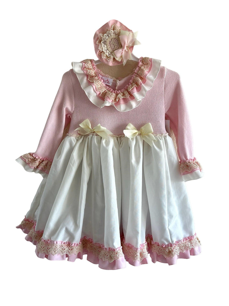 Ela Confeccion AW23 - Girls Pink & Cream Puffball Dress, Knickers & Headpiece - Mariposa Children's Boutique