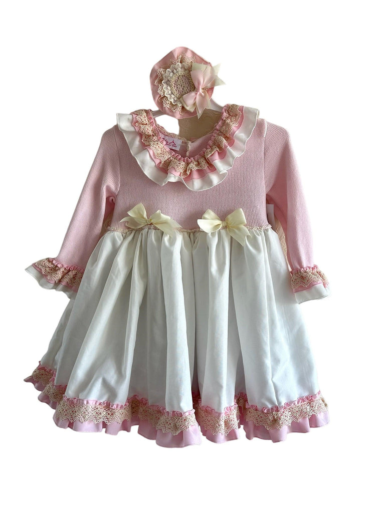 Ela Confeccion AW23 - Girls Pink & Cream Puffball Dress, Knickers & Headpiece - Mariposa Children's Boutique