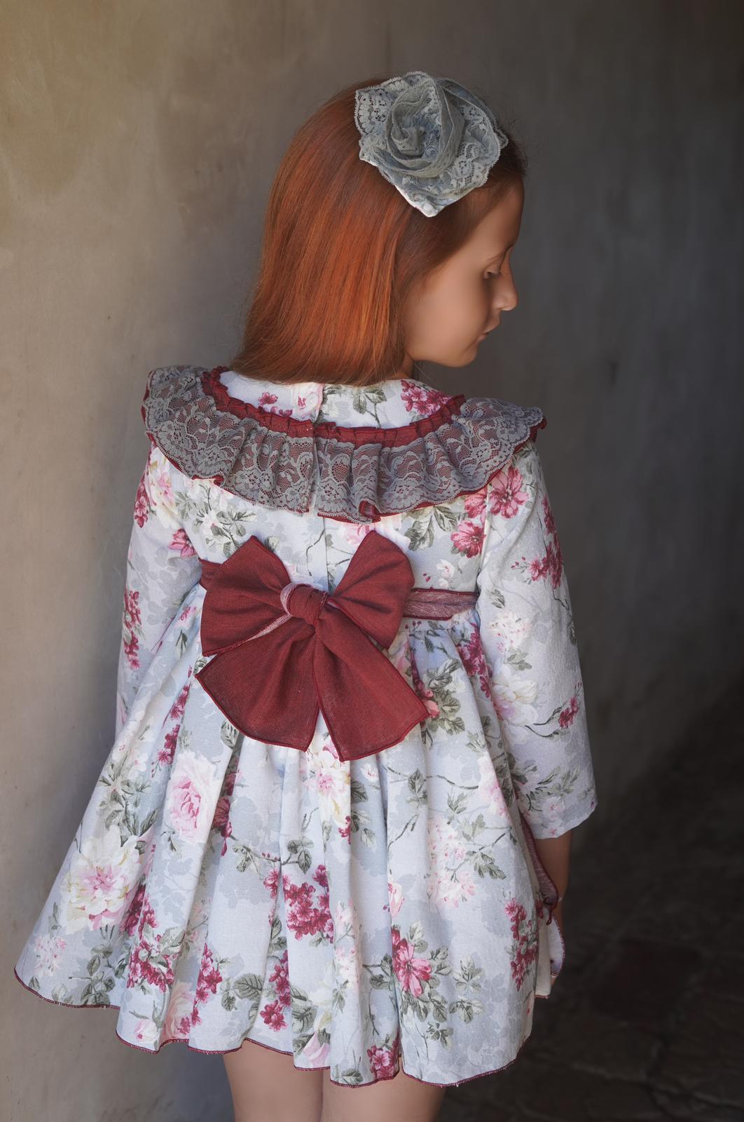 CLEARANCE SALE Ela Confeccion - Baby Girls Grey and Burgundy Floral Print Dress & Knickers - Mariposa Children's Boutique