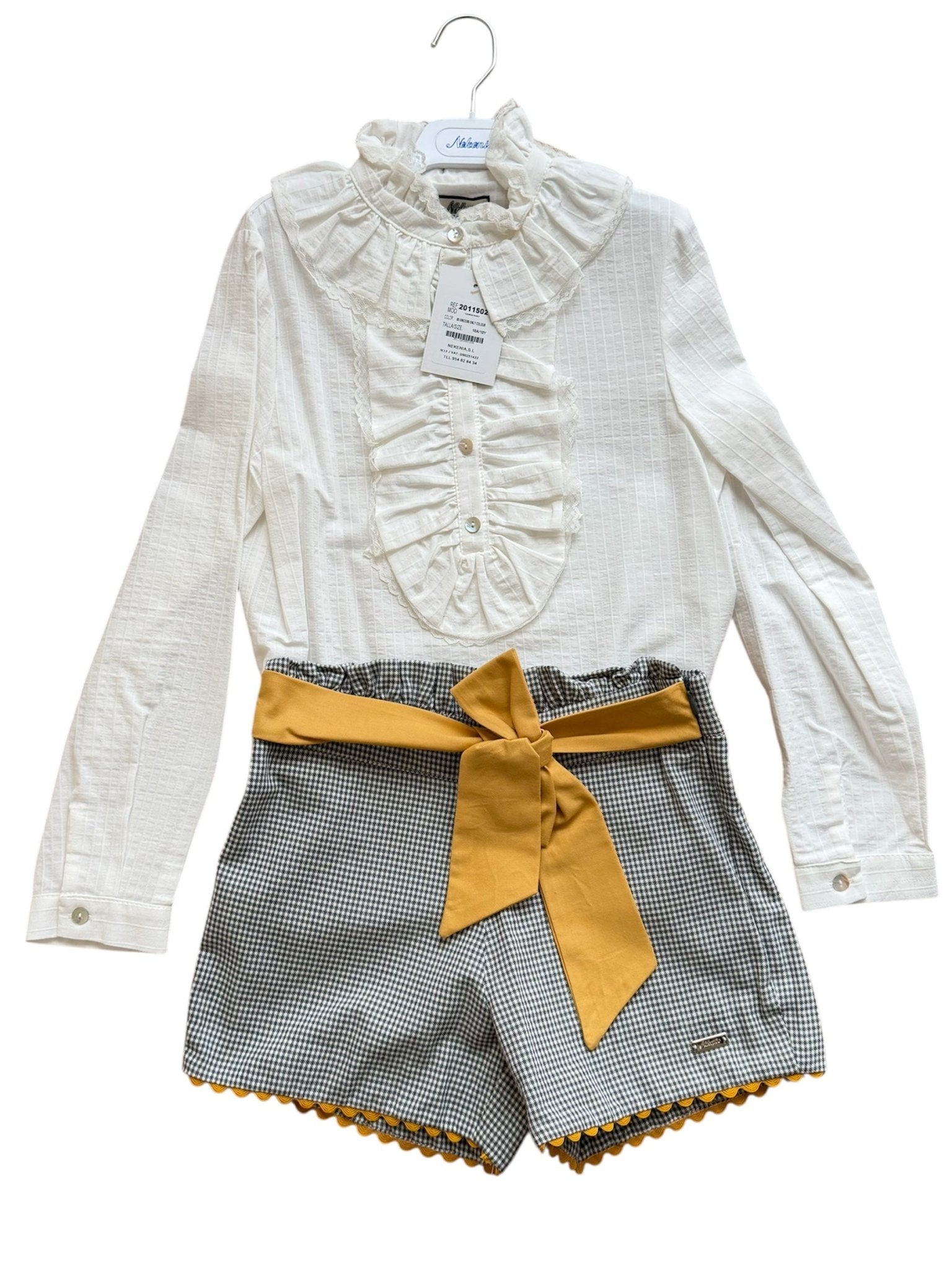 Clearance Sale - Girl's Cream, Grey & Mustard Shorts & Blouse Set