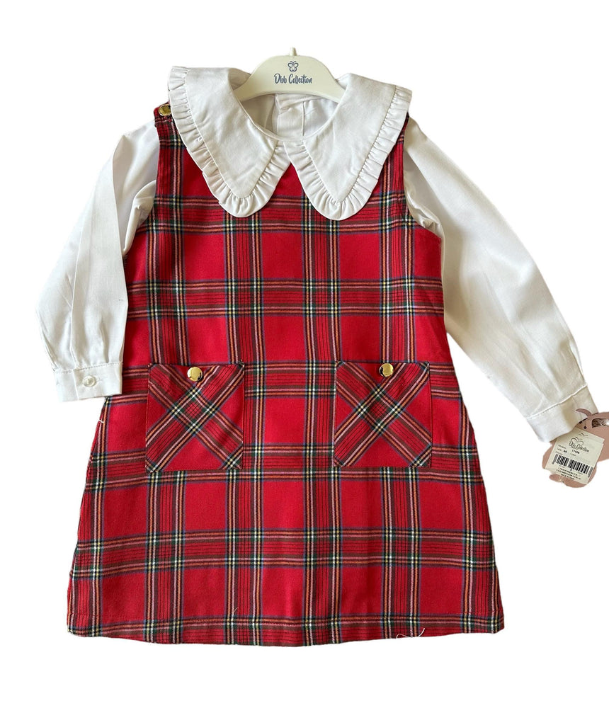 AW23 - Girls Tartan Print Slip Dress with Cream Statement Collar Blouse - Mariposa Children's Boutique