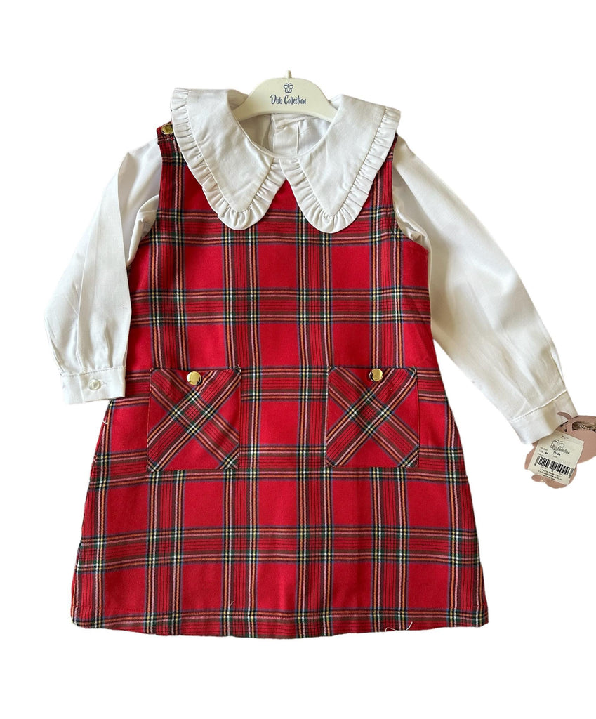 AW23 - Girls Tartan Print Slip Dress with Cream Statement Collar Blouse - Mariposa Children's Boutique