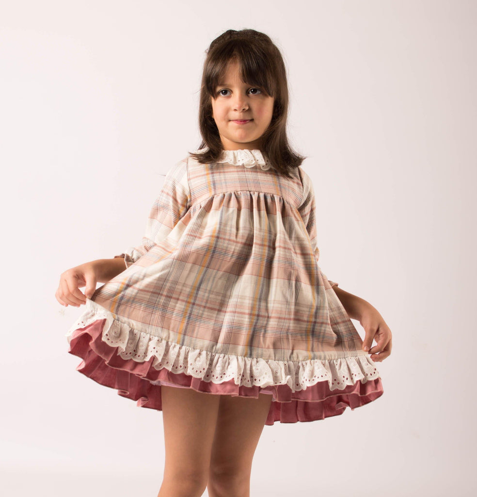 Lor Miral AW23 - Baby Girls Dusky Pink Check Dress with Matching Knickers 32001 - Mariposa Children's Boutique
