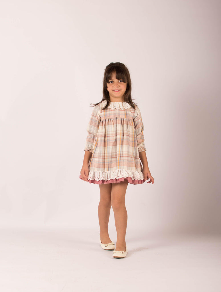Lor Miral AW23 - Girls Dusky Pink & Beige Check Dress 32401 - Mariposa Children's Boutique