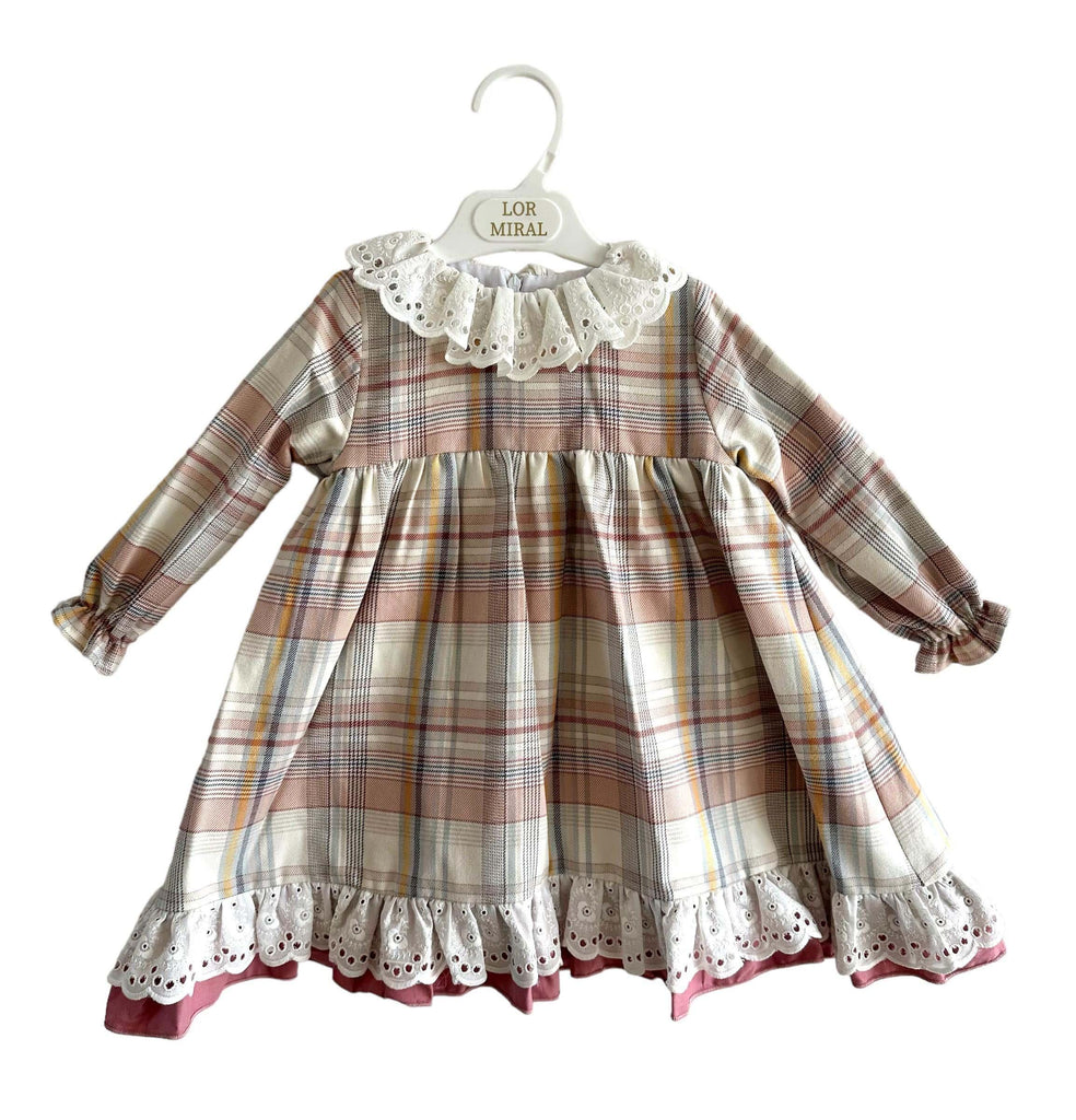 Lor Miral AW23 - Girls Dusky Pink & Beige Check Dress 32401 - Mariposa Children's Boutique