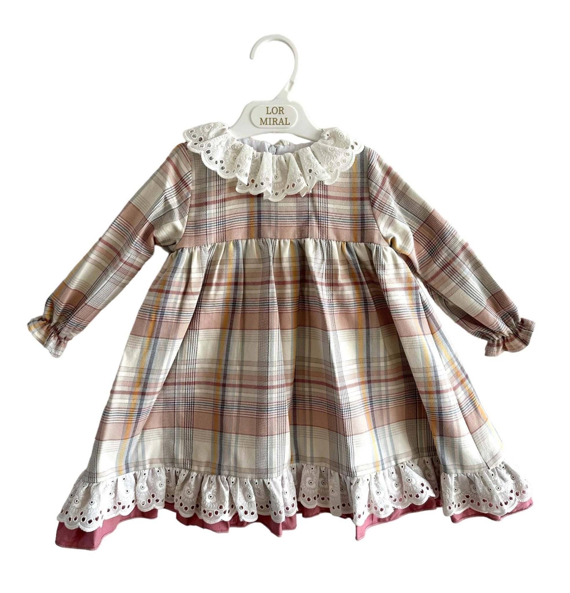 CLEARANCE SALE - Lor Miral - Girls Dusky Pink & Beige Check Dress 32401 - Mariposa Children's Boutique