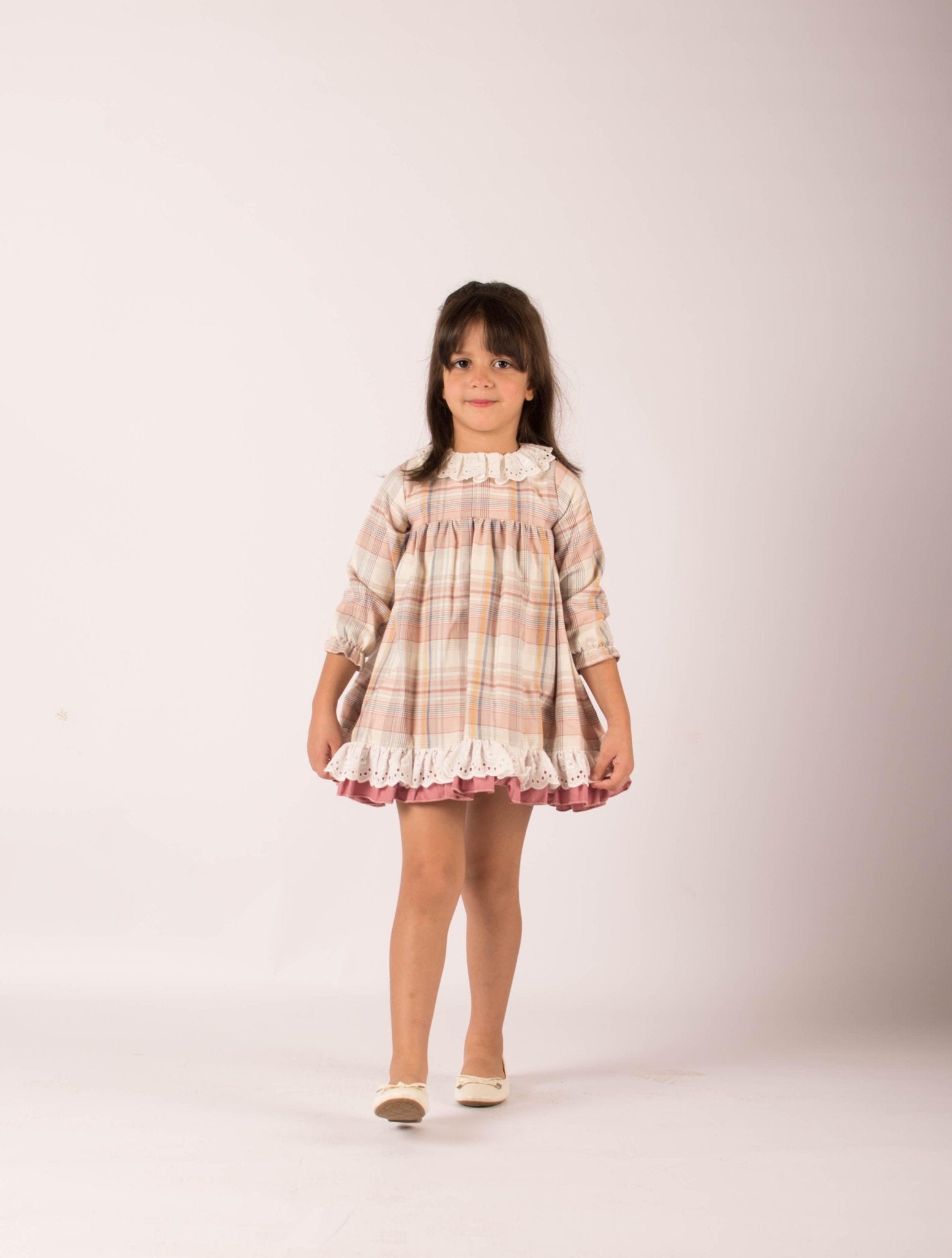 CLEARANCE SALE - Lor Miral - Girls Dusky Pink & Beige Check Dress 32401 - Mariposa Children's Boutique