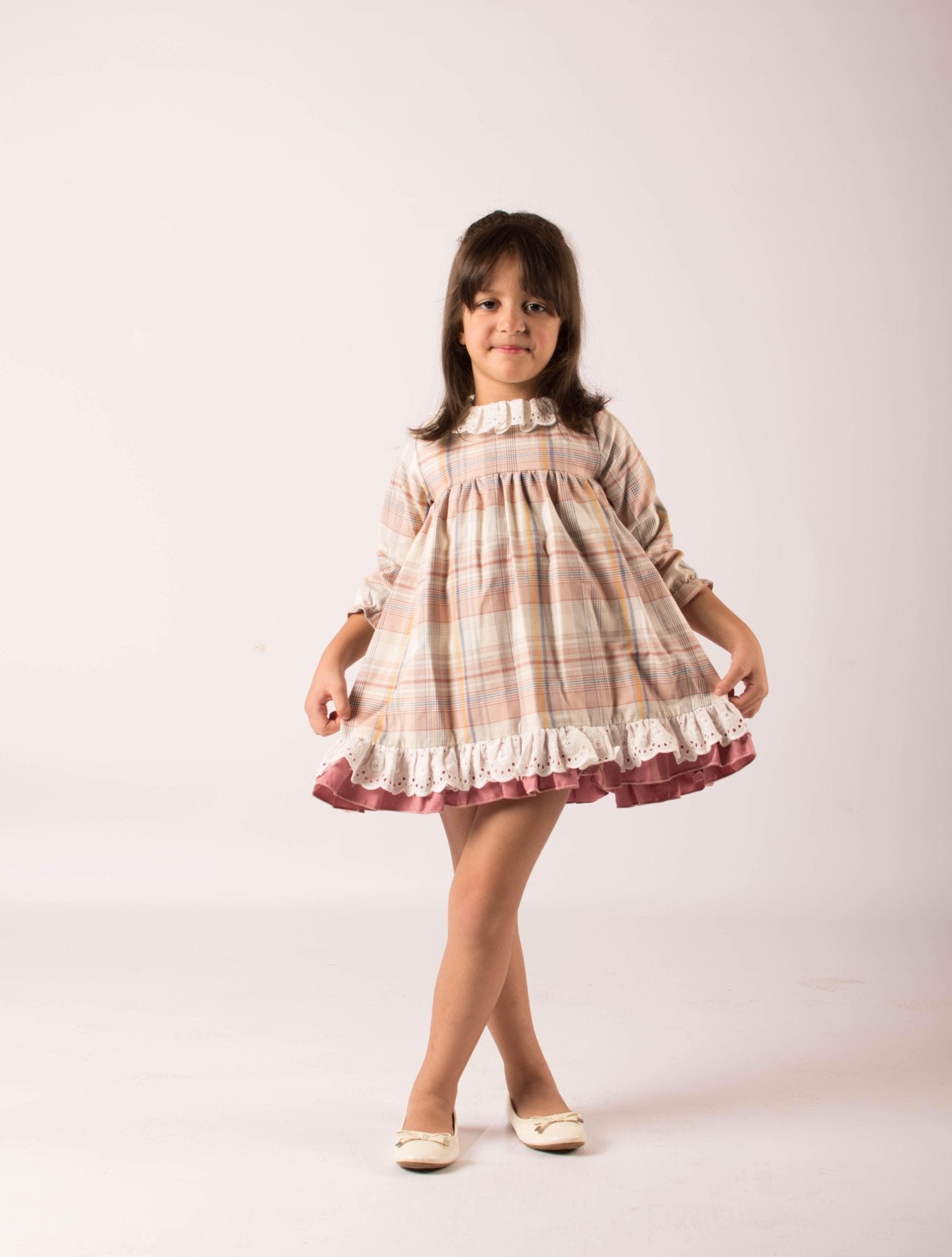 CLEARANCE SALE - Lor Miral - Girls Dusky Pink & Beige Check Dress 32401 - Mariposa Children's Boutique