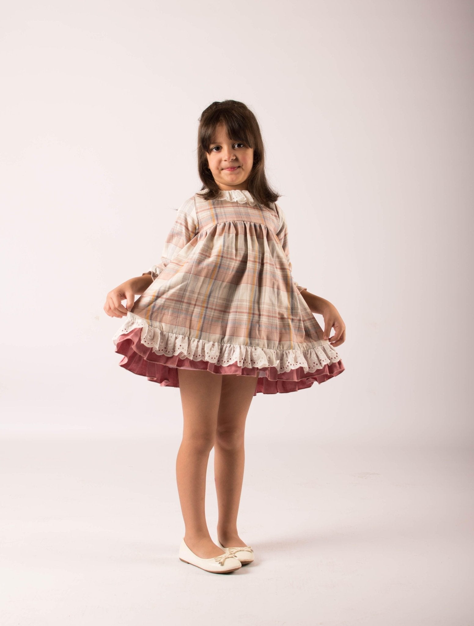 CLEARANCE SALE - Lor Miral - Girls Dusky Pink & Beige Check Dress 32401 - Mariposa Children's Boutique