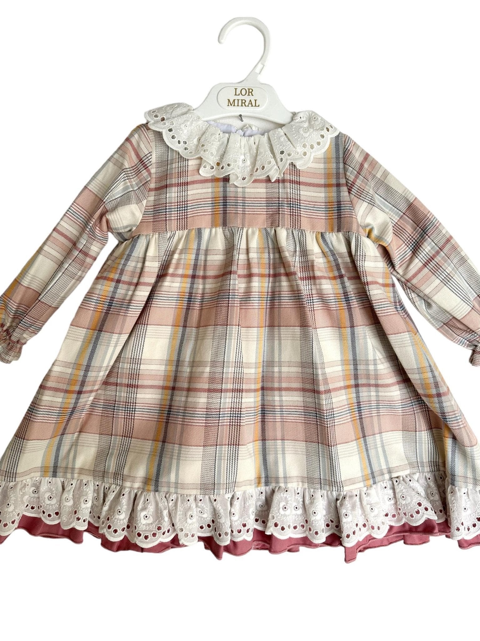 CLEARANCE SALE - Lor Miral - Girls Dusky Pink & Beige Check Dress 32401 - Mariposa Children's Boutique