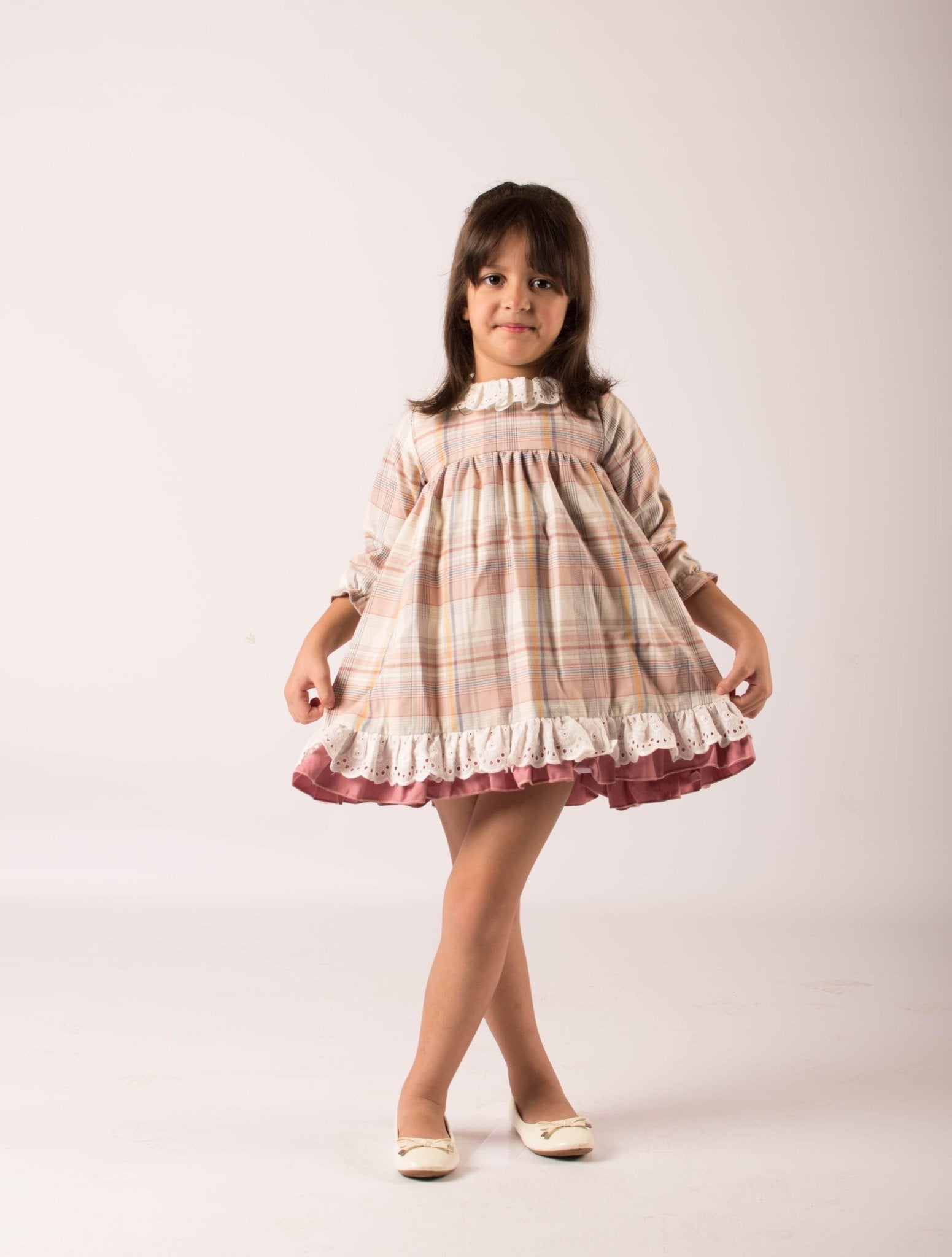 CLEARANCE SALE - Lor Miral - Girls Dusky Pink & Beige Check Dress 32401 - Mariposa Children's Boutique