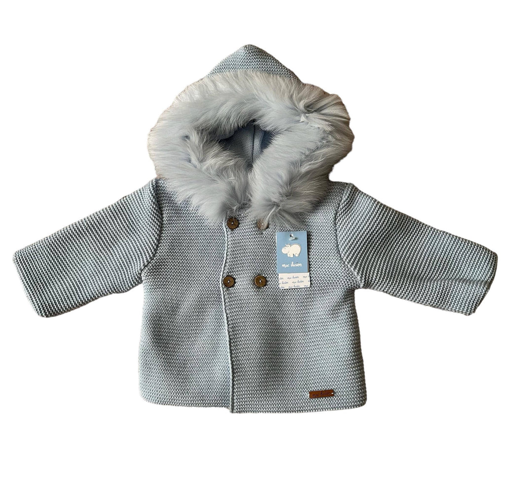 Mac Ilusion AW23 - Baby Boys Blue Natural Fur Hooded Knitted Jacket - Mariposa Children's Boutique