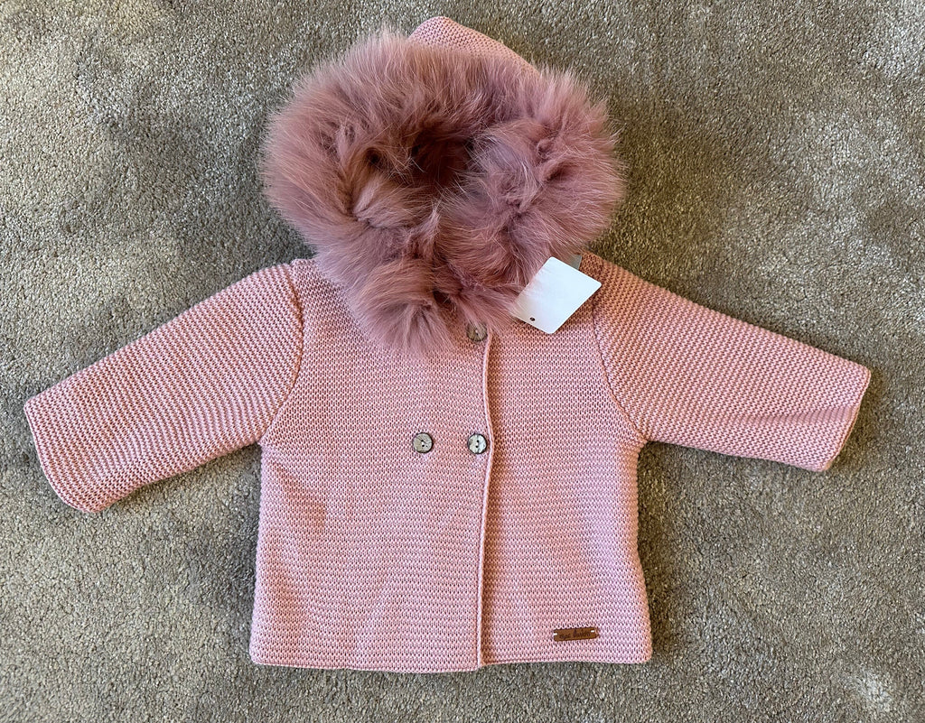 Mac Ilusion AW23 - Girls Fur Hooded Knitted Jacket in Dusky Pink - Mariposa Children's Boutique