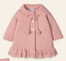 beautiful dusky pink, cream and gold knitted baby coat with matching bonnet. 