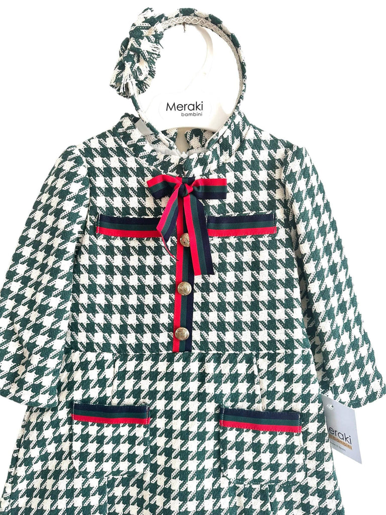 Meraki Bambini AW23 - Girls Green Houndstooth Dress with Red, Navy & Green Bow Detail & Matching Headpiece - Mariposa Children's Boutique