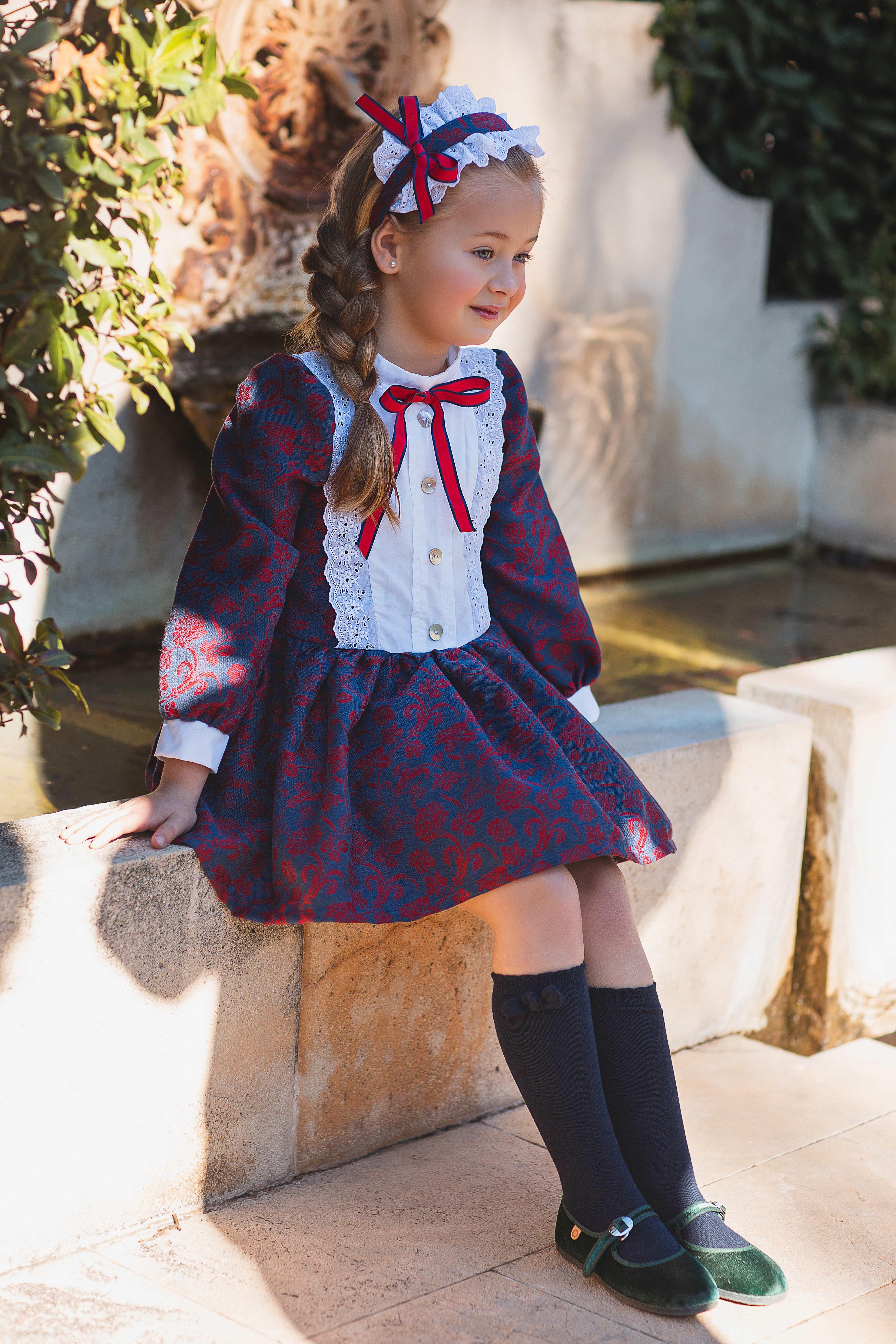 Meraki Bambini AW23 - Girls Navy & Red Dress with Matching Headpiece - Mariposa Children's Boutique