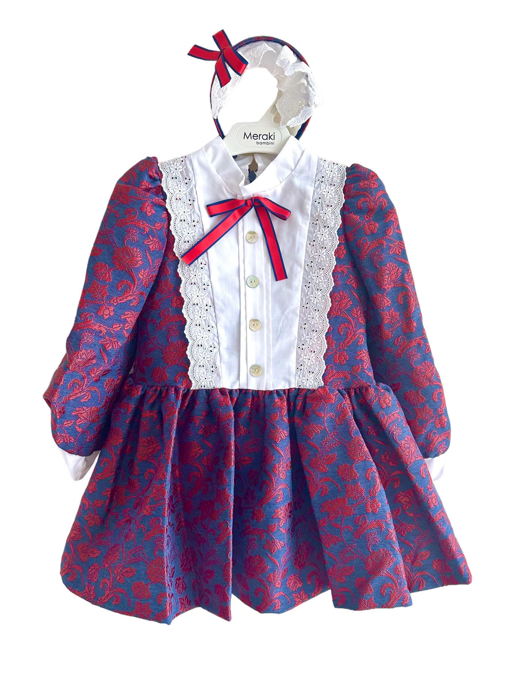 Meraki Bambini AW23 - Girls Navy & Red Dress with Matching Headpiece - Mariposa Children's Boutique