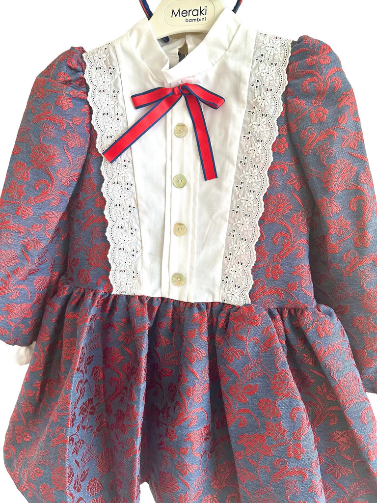Meraki Bambini AW23 - Girls Navy & Red Dress with Matching Headpiece - Mariposa Children's Boutique