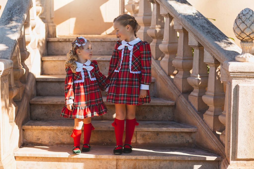 Meraki Bambini AW23 - Girls Red Tartan Print Dress & Matching Headpiece - Mariposa Children's Boutique