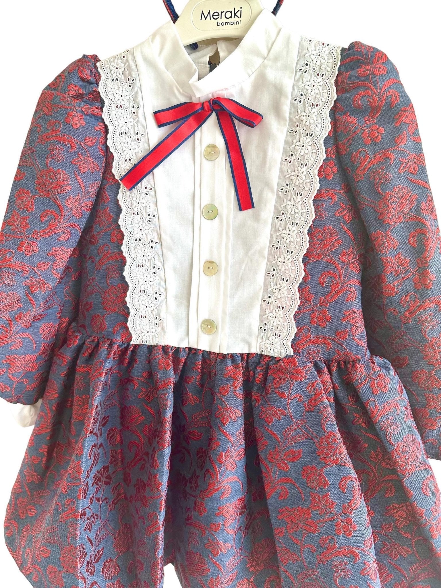 CLEARANCE SALE - Meraki Bambini - Girls Navy & Red Dress with Matching Headpiece - Mariposa Children's Boutique