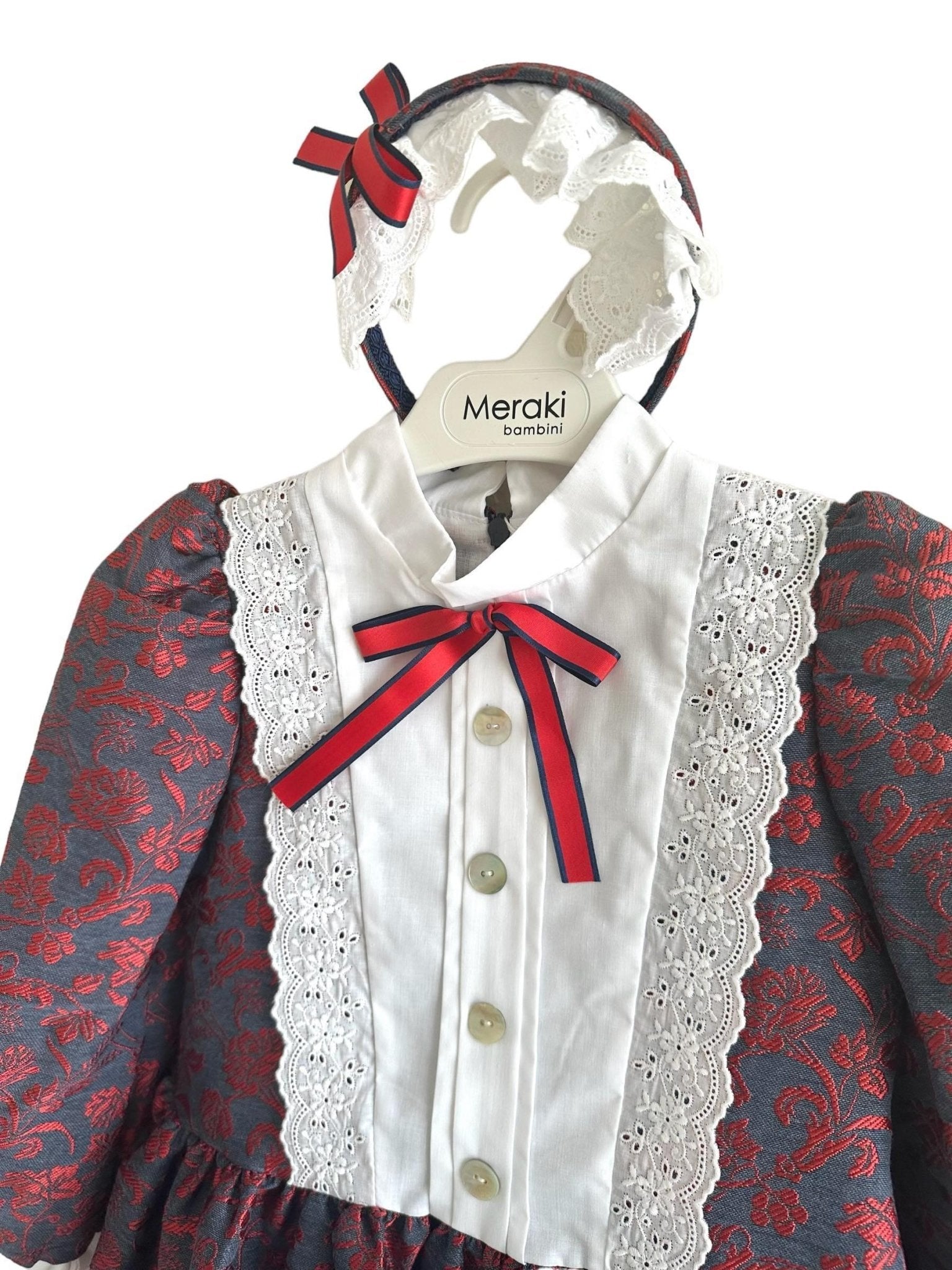 CLEARANCE SALE - Meraki Bambini - Girls Navy & Red Dress with Matching Headpiece - Mariposa Children's Boutique