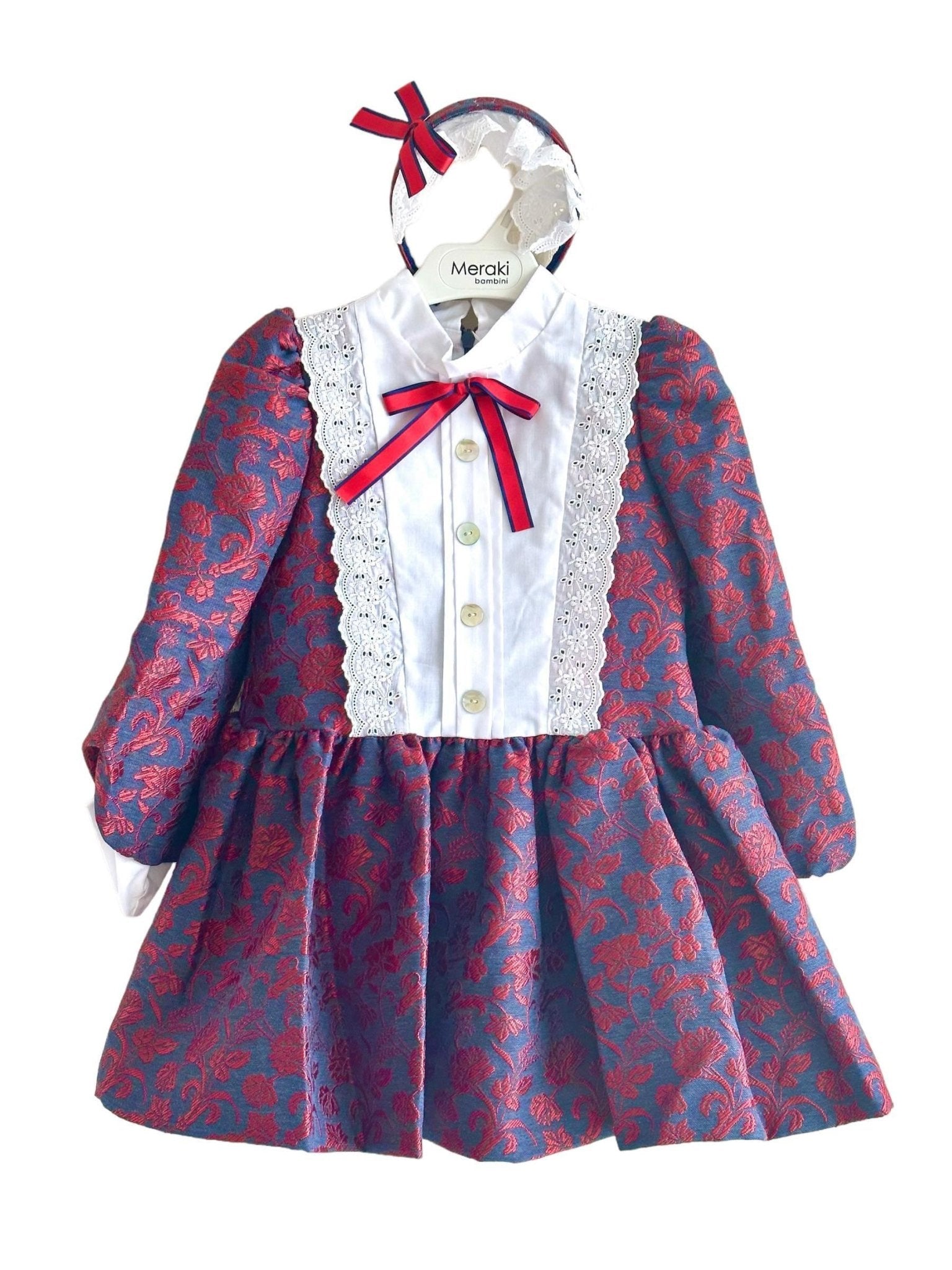 CLEARANCE SALE - Meraki Bambini - Girls Navy & Red Dress with Matching Headpiece - Mariposa Children's Boutique