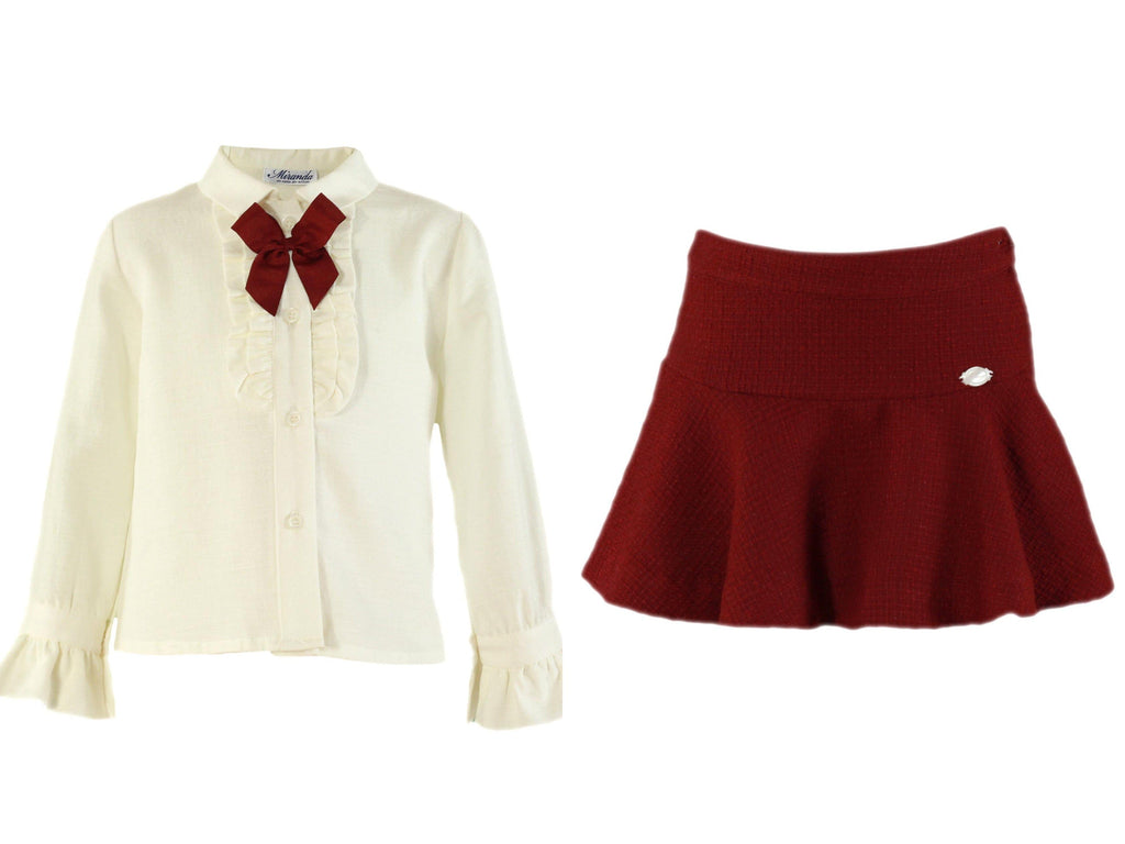Miranda AW23 - Girls Burgundy & Cream Skirt & Blouse Set 227-2-F - Mariposa Children's Boutique