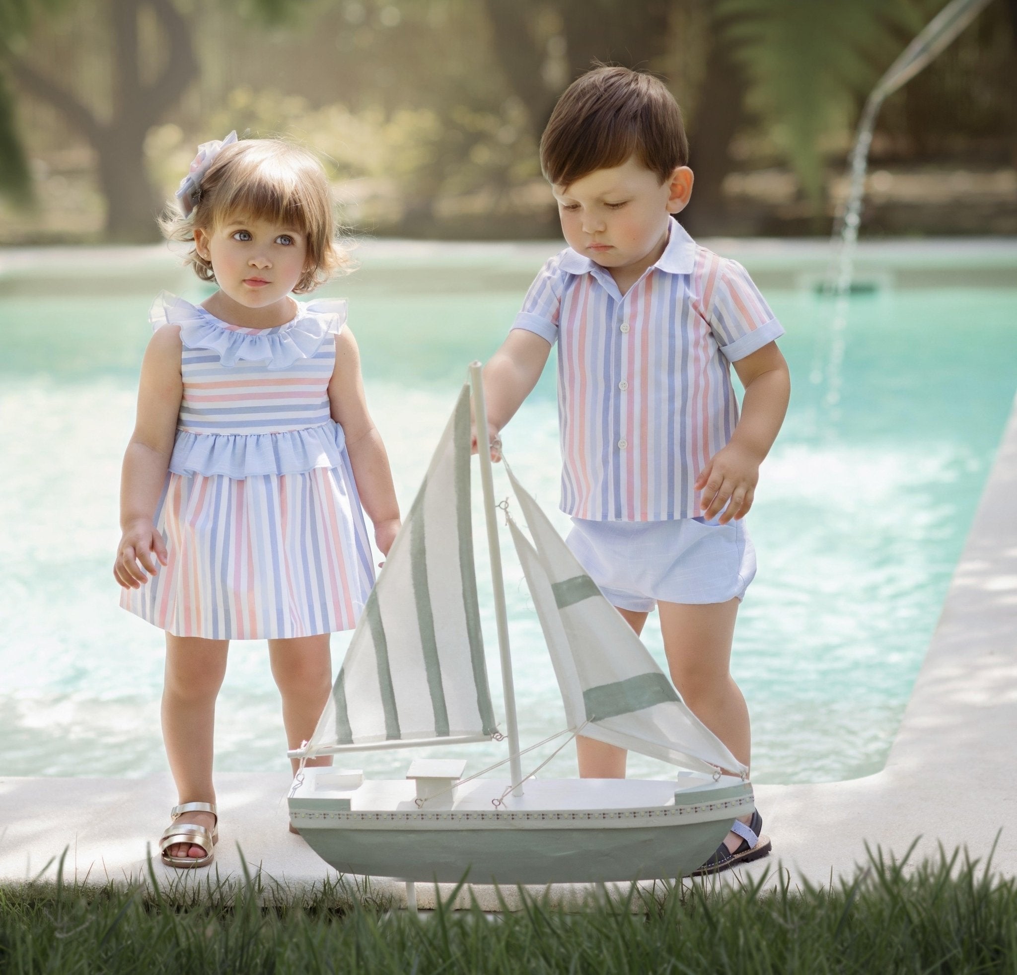 CLEARANCE SALE - Miranda - Baby Girls Blue & Multicolour Stripe Dress 504V - Mariposa Children's Boutique