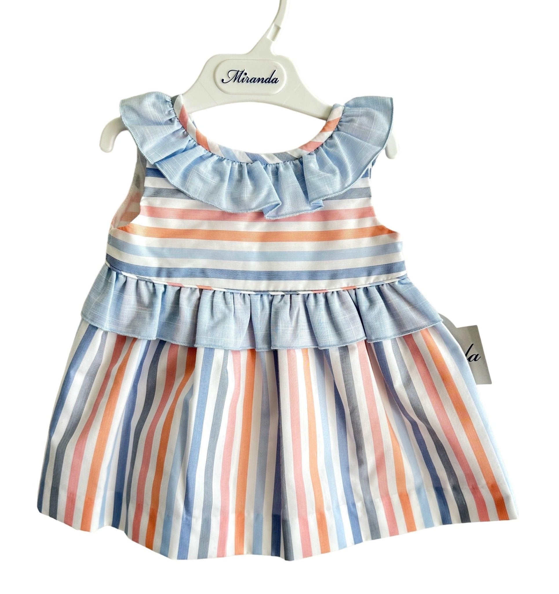 CLEARANCE SALE - Miranda - Baby Girls Blue & Multicolour Stripe Dress 504V - Mariposa Children's Boutique